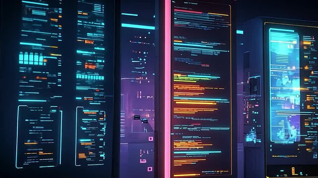Futuristic server room with glowing displays - Powered by Adobe