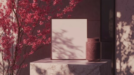 Decorative vase and blank frame against cherry blossom backdrop