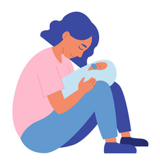 Happy Mother Holding Newborn Baby on Her Knees.