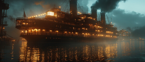 Glowing Ship in Night Harbor