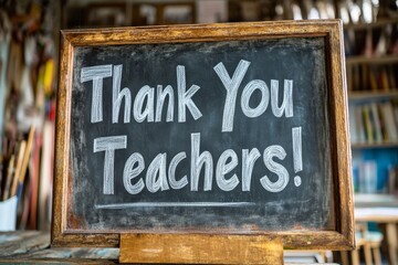 A wooden chalkboard displays the message 'Thank You Teachers!' in white chalk letters, set against a blurred background of a classroom
