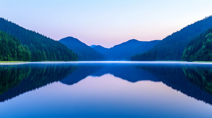 Naklejka premium Serene dawn over a calm lake mirroring forested mountains
