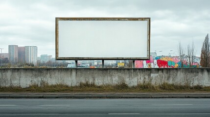 Blank Billboard on Urban Street with Grey Sky