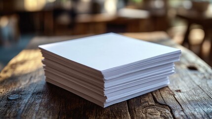 Stack of printer paper on wooden table for office or school supplies