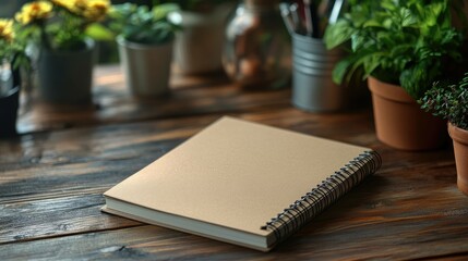 Spiral notebook mockup on wooden table with plants and art supplies