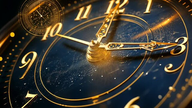 Elegant golden clock with moving hands and atmospheric particles in closeup shot