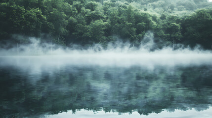 Dew-kissed lake surface reflected misty veil of forest, water, lake. Dew-Kissed Veil. Illustration
