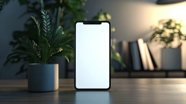 Mobile phone mockup blank screen device on desk with plant and books