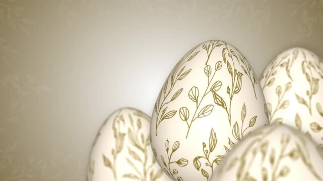 Happy Easter animated background with realistic golden shine eggs with handwritten floral pattern. Design layout for invitation, greeting card. Looped.