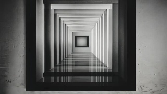 Abstract monochrome hallway with multiple reflections creating a sense of depth and perspective illusion