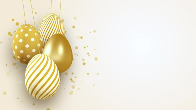 Easter greeting card with gold eggs hanging on white background. Loop 3D animation. Place for text.