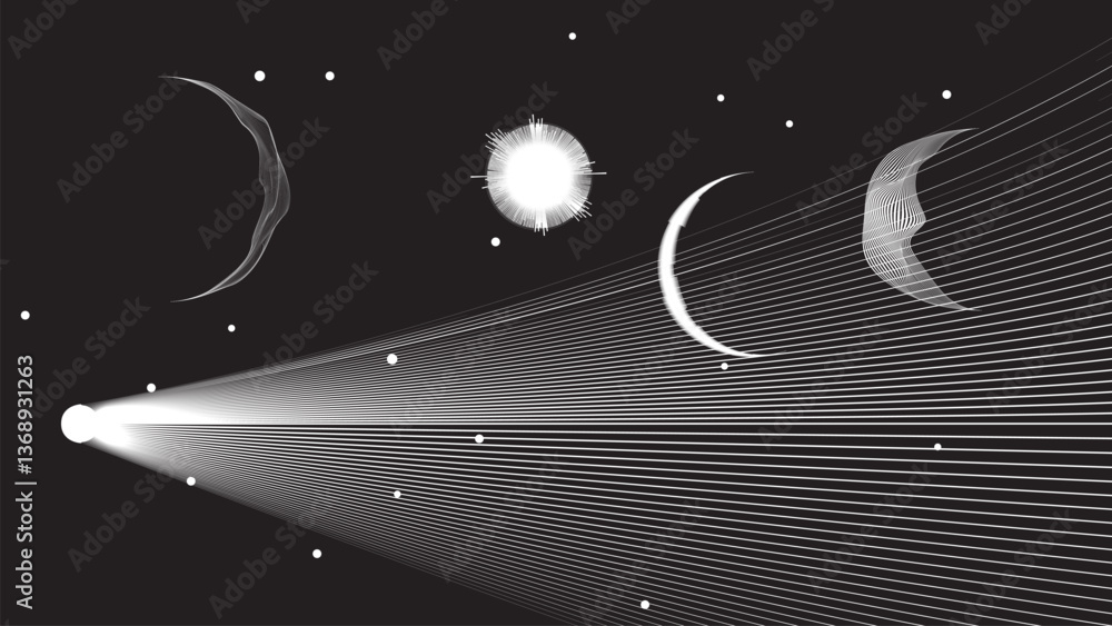 Wall mural star and moon and comet in outer space. futuristic landscape, with lines texture . space landscape w