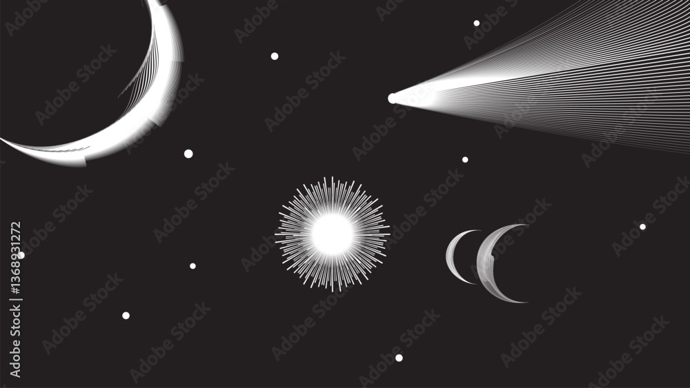 Wall mural star and moon and comet in outer space. futuristic landscape, with lines texture . space landscape w