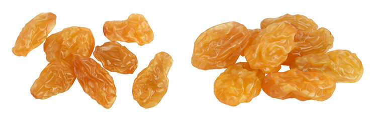 Yellow raisin isolated on white background . Top view. Flat lay