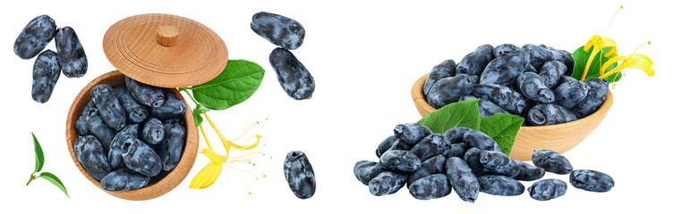 Fresh honeysuckle blue berry in wooden bowl isolated on white background with full depth of field....
