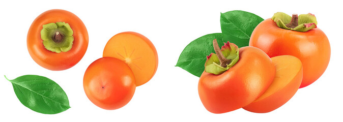 Persimmon fruit isolated on white background with full depth of field. Top view. Flat lay