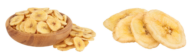 Dried banana chips in wooden bowl isolated on white background with full depth of field