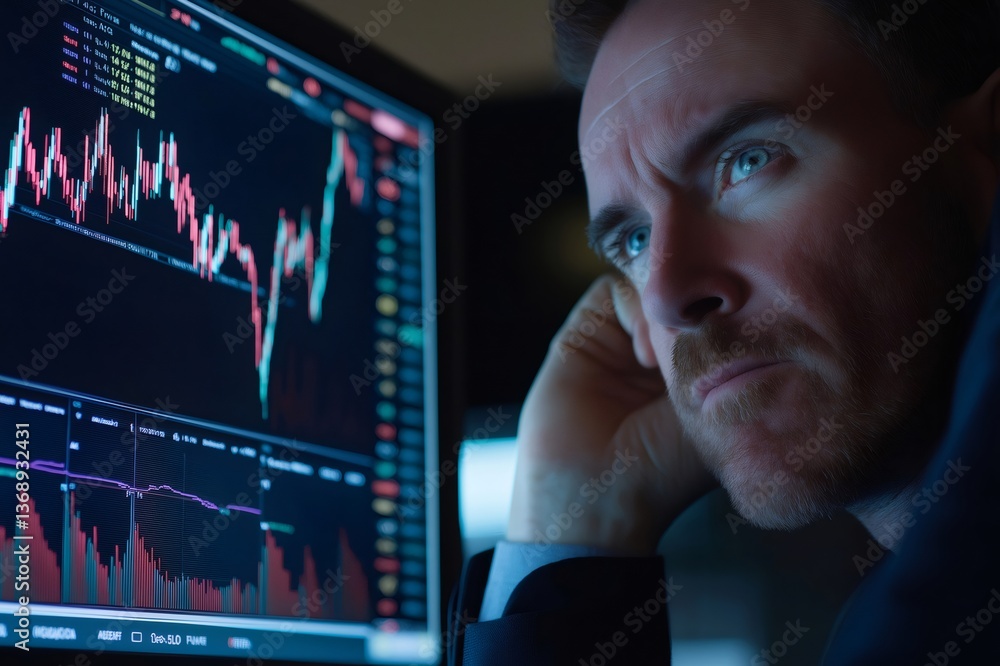 Poster stockbroker looking concerned while analyzing decreasing stock prices on computer screen in office a