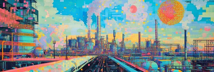 Colorful abstract industrial cityscape dreamlike artistic scene.