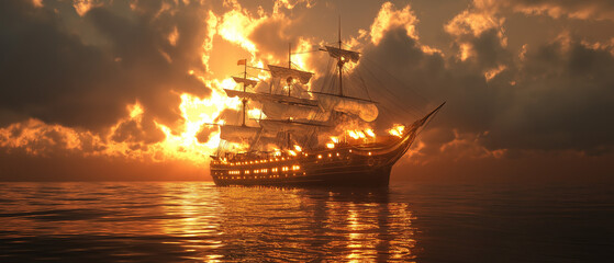 Glowing Ship in Night Harbor
