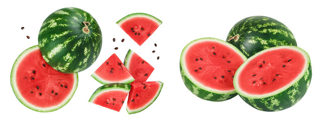 Slices of watermelon isolated on white background. Top view. Flat lay