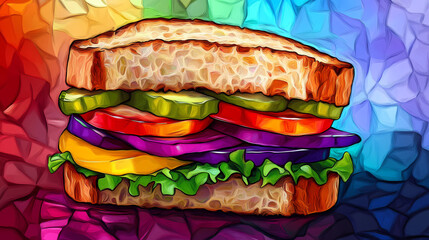 Delicious sandwich crafted with stained glass art style a colorful culinary masterpiece presentation. Tinted Translucence. Illustration
