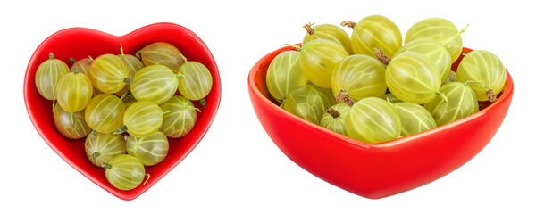 Green gooseberry in a ceramic bowl isolated on white background with full depth of field. Top view. Flat lay.