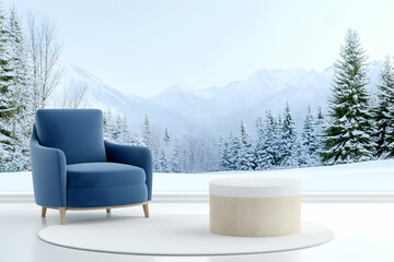 Serene winter scene with blue armchair and round ottoman