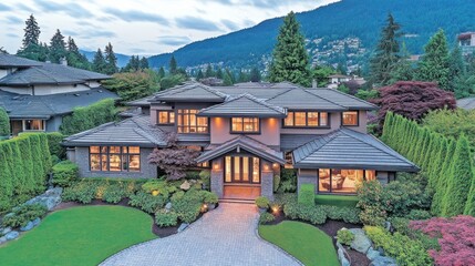 Naklejka premium Luxurious Home Exterior, Mountain View, Evening