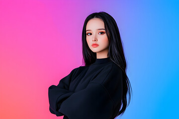 Serene young woman with long black hair, arms crossed, posing against vibrant pink and blue gradient background