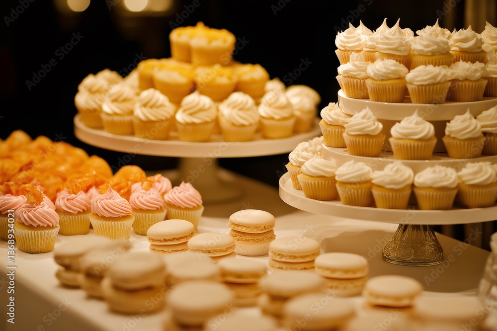 Poster delicious cupcakes with frosting and macarons arranged on white plates, creating an inviting dessert