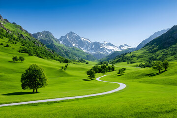 Serpentine road winding through vibrant green valley, snow-capped mountains in background under a clear blue sky