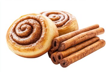 Fototapeta premium Two cinnamon rolls and cinnamon sticks on a white background in a studio shot food photography transparent background