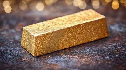 Gold bar on rustic surface with bokeh lights.