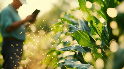 A blurred image depicts farmers utilizing tablets to assess data and experiment with corn cultivation.