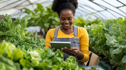 A cheerful Black female farmer uses a tablet to monitor organic vegetable plots inside a nursery, embracing technology to nurture her greenhouse crops with care and enthusiasm