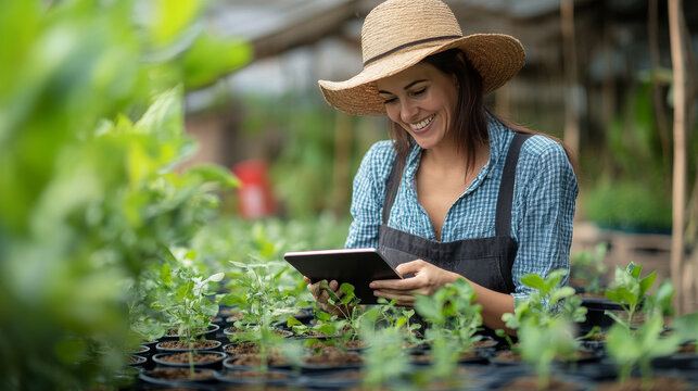A delighted female farm owner utilizes a tablet while tending to seedlings in an organic nursery, incorporating technology to enhance greenhouse farming