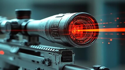 Close-up of a high-tech sniper scope with a laser targeting system, showcasing precision and clarity