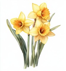 Fototapeta premium Watercolor daffodil flowers in bloom, full spring yellow blossoms with leaves on white background 