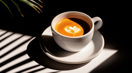 Sunlit Coffee Cup with Heart Latte Art and Palm Shadows