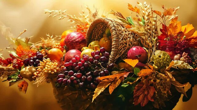 Vibrant autumn harvest in cornucopia with bountiful fruits and leaves display