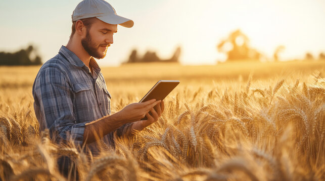 A forward-thinking agronomist uses a digital tablet in a wheat field, employing smart technology and internet-based applications to optimize farming techniques