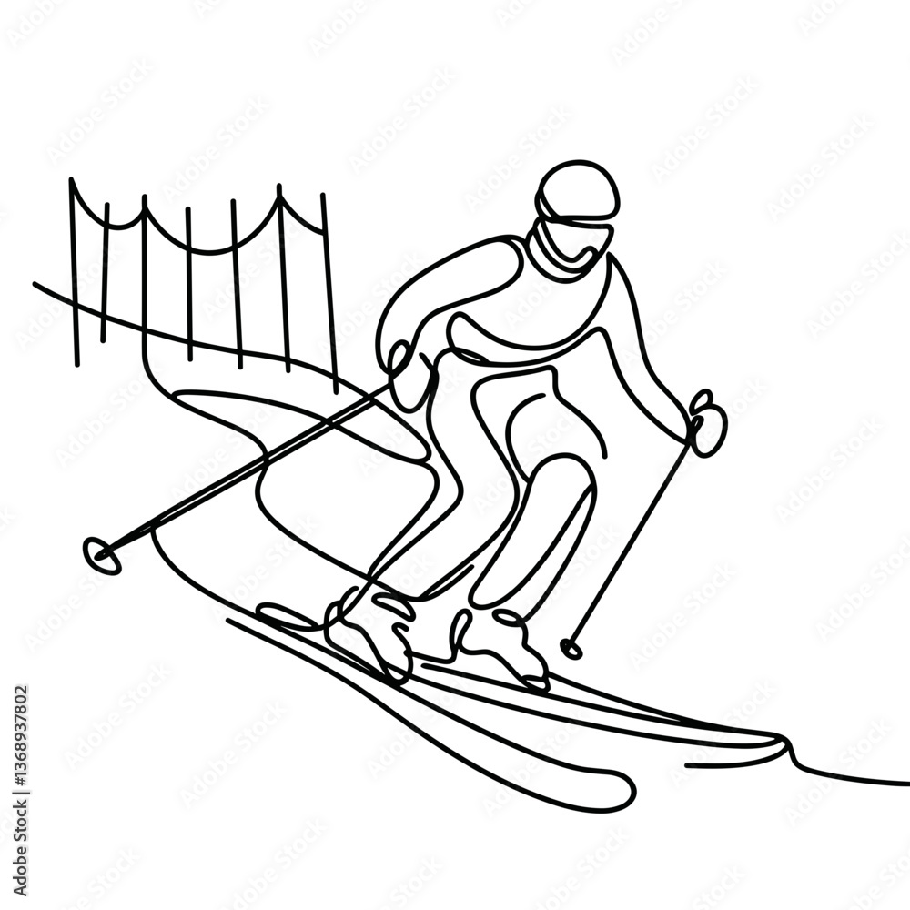 Poster skier in motion navigating snowy slopes with fencing backgrounds