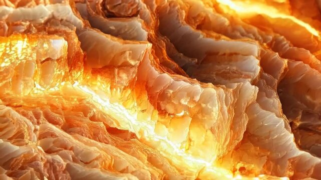 Close-up view of layered orange and white sunstone agate stone with a glowing effect, showcasing its natural patterns and textures.