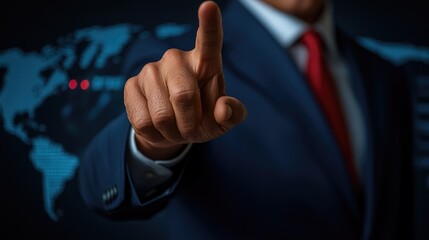 Businessman Pointing Forward Against Digital Global Map in Dark Suit Setting