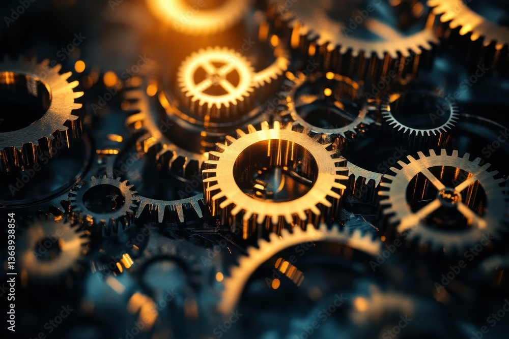 Poster golden gears interlock, reflecting light with intricate precision. use it to represent teamwork, pro
