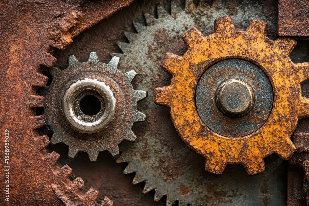 Poster rusty gears interlock tightly, creating a textured industrial scene. use this for concepts of mechan