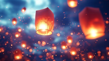 Glowing Sky Lanterns at Night