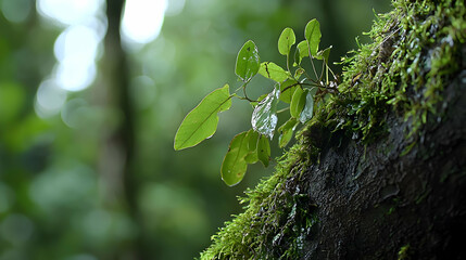 Close Up Of Green Leaves On Mossy Tree Branch In Forest
