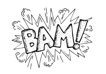 Comic Text Bam, hand drawn Explosion effect, bomb or dynamit cloud. Bam bubble, comic sound expression cloud. Vector illustration © Olena